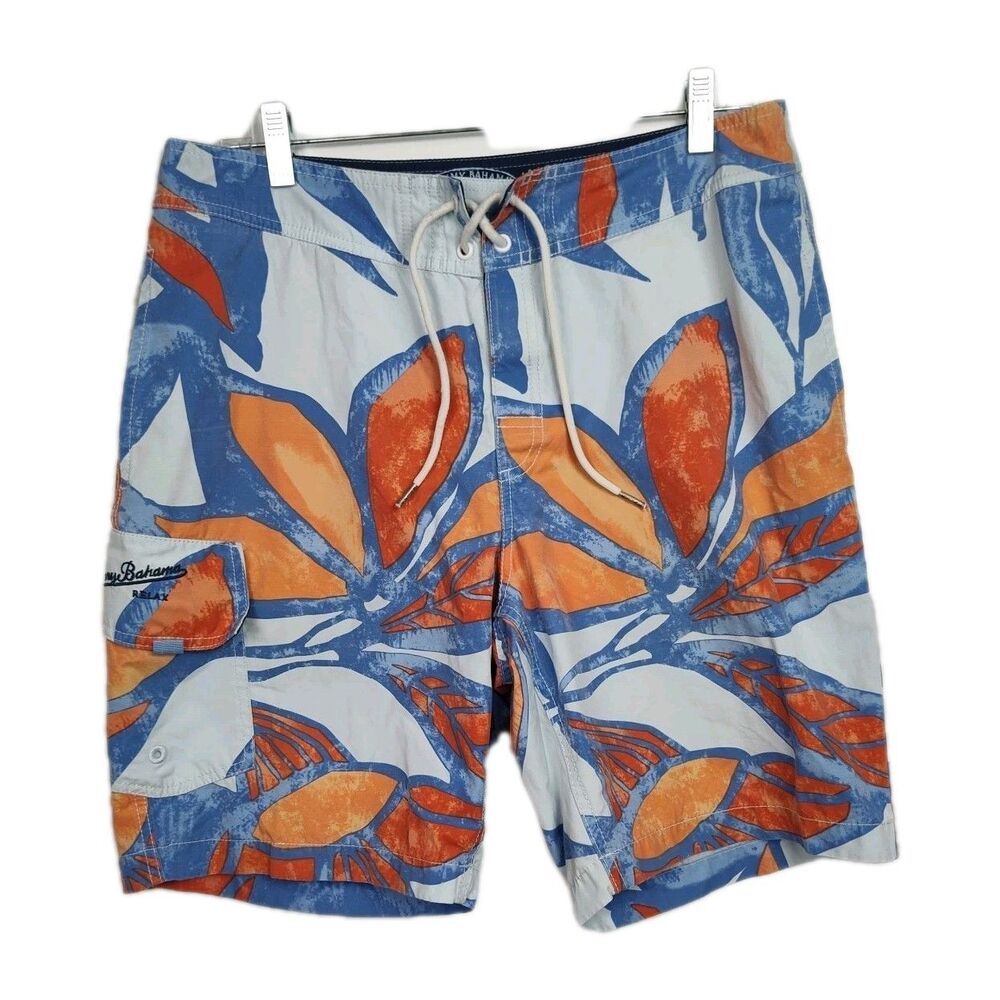 Tommy Bahama Relax Board Shorts Men's 32 Blue &‎ Orange Hawaiian Pattern Pocket